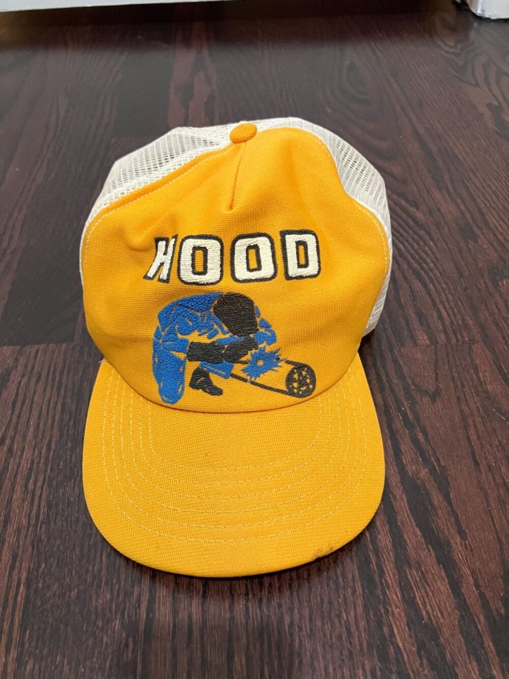 VTG Hood Welding Snapback Trucker Hat, Yellow Multi, One Size, Distressed